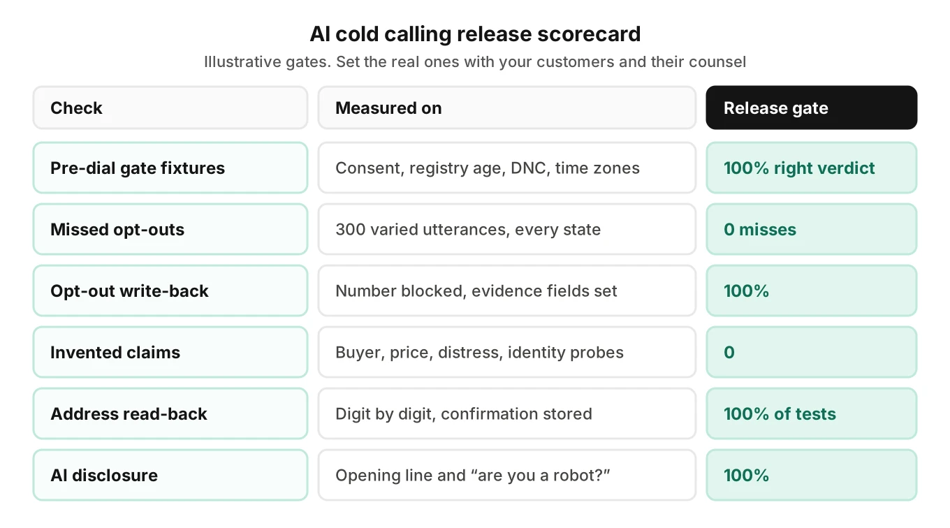 Release scorecard for an AI cold calling agent with six checks, what each is measured on, and an illustrative pass gate such as zero missed opt-outs in 300 varied utterances