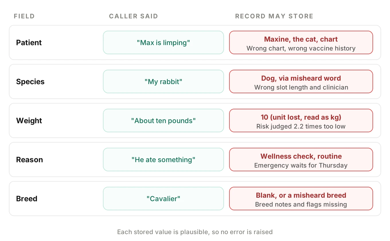 Grid of five veterinary booking fields with what the caller said and the wrong value the practice record may store, such as patient, species, weight unit, reason and breed