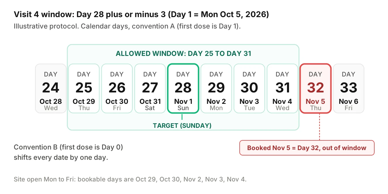 Timeline of days 24 to 33 after first dose showing the allowed visit window from day 25 to day 31, the day 28 target falling on a Sunday, and a Thursday November 5 booking falling outside the window