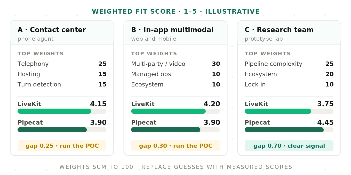 A weighted scoring worksheet comparing LiveKit and Pipecat across decision criteria for three example team archetypes, with illustrative scores