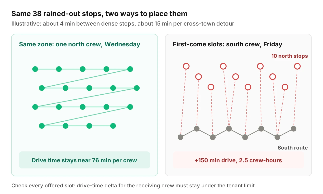 Two route maps: rained-out stops moved to the same north zone keep short hops, while ten stops placed on a cross-town south crew add about 150 minutes of driving