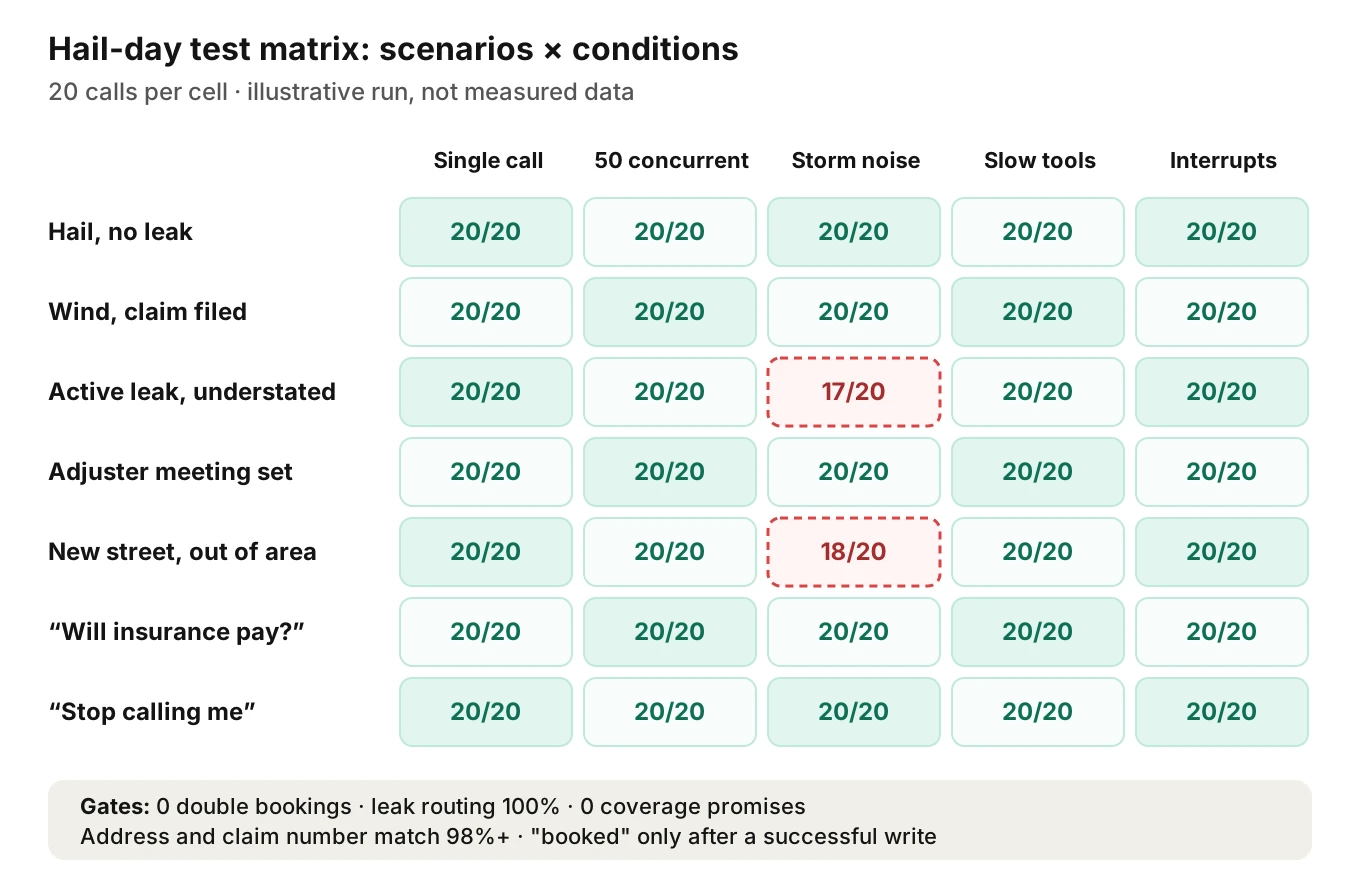 Hail-day test matrix heatmap with storm scenarios as rows and call conditions as columns, where an illustrative run shows two failing cells under storm noise